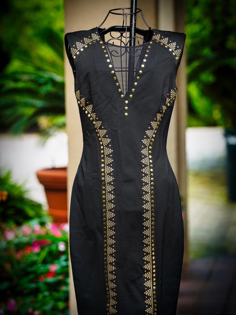 Vintage 1990s Cache Black Gold Studded Sheath Mini Dress Size 8 Nwt